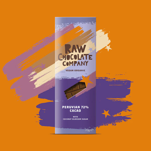 Raw Chocolate Company-Peruvian 72% Chocolate Bar 5 - colourful background -Buy from NOSH Direct