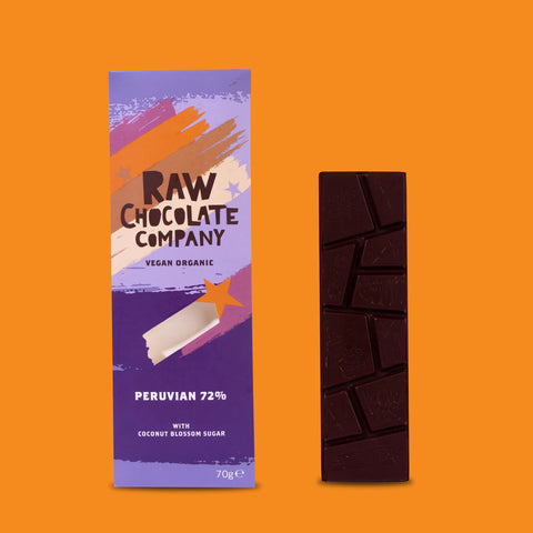 Raw Chocolate Company-Peruvian 72% Chocolate Bar 2- Close up photo of chocolate Buy from NOSH Direct